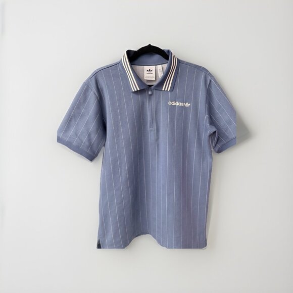 adidas Originals Blue Collared Shirt With Quarter zip And Stripes - Picture 1 of 8